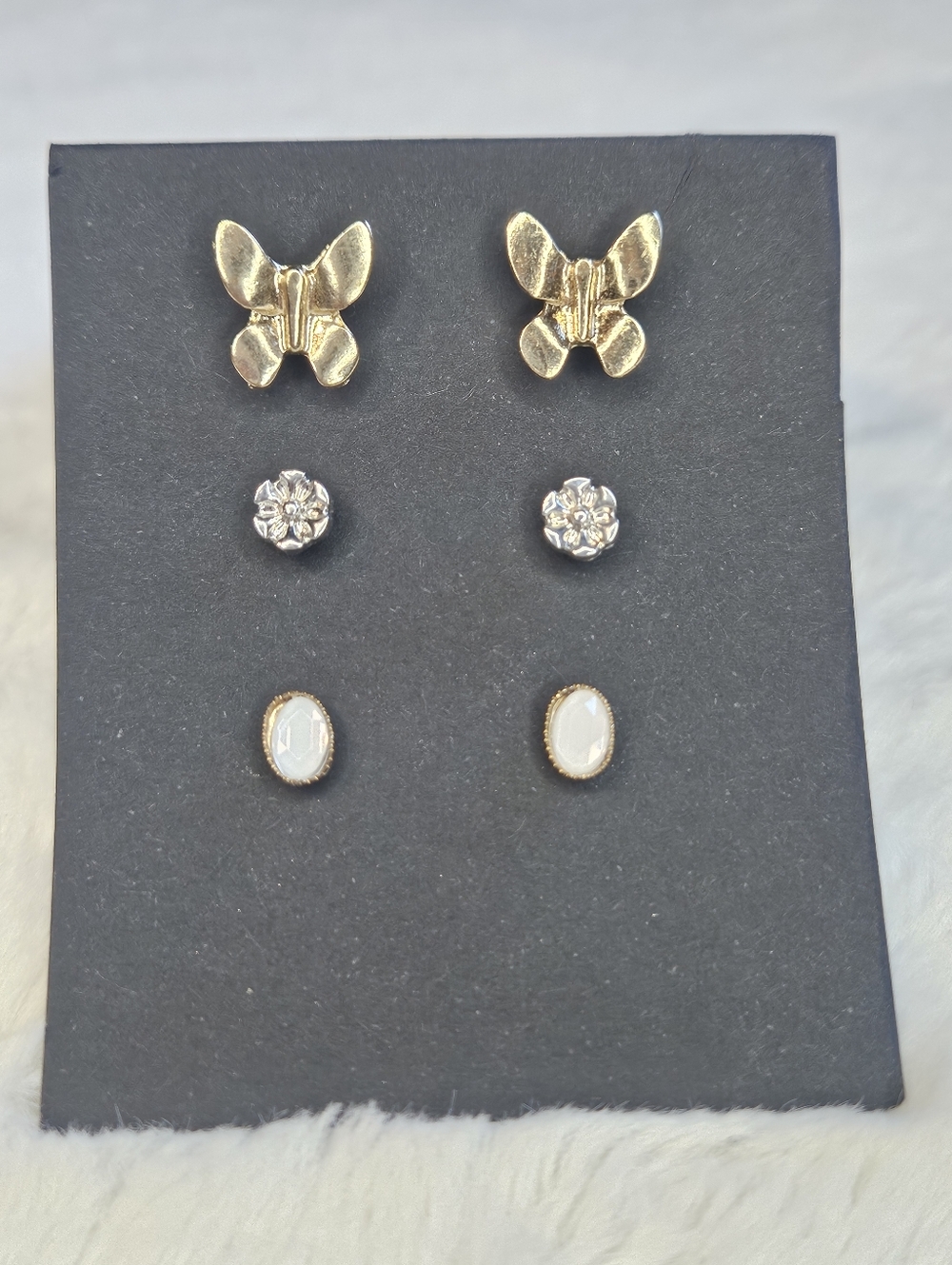 Set/3 Gold Tone Butterfly and Floral Stud Earrings